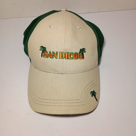 Rare San Diego Tan Adjustable Hat Beige Baseball Cap Green Palm Trees Khaki - Picture 12 of 16